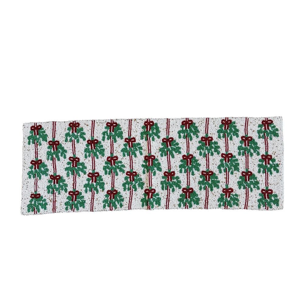 Tahari Mistletoe Stripe Beaded Table Runner 13x36 Festive Christmas Holiday New